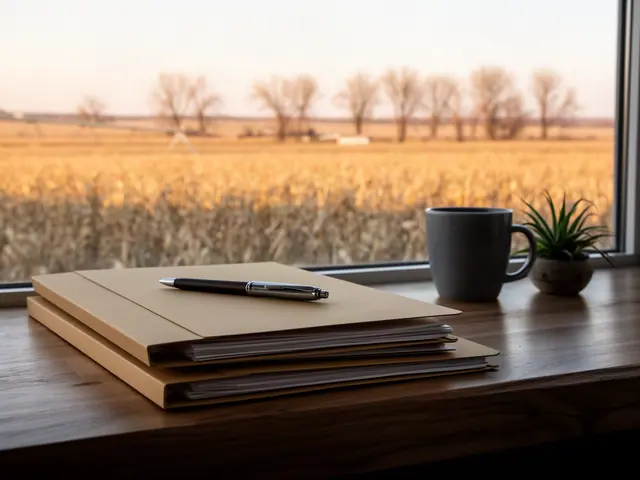 Stack of closed kraft folders with a pen on a desk by a window onto tawny fields and bare cottonwoods