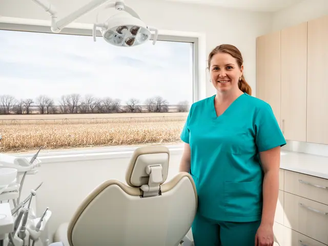 Smiling dentist in teal scrubs beside an empty dental chair, fields outside