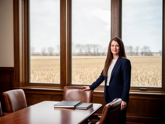 Attorney with long brown hair in a navy suit standing at a conference table by tall windows onto fields