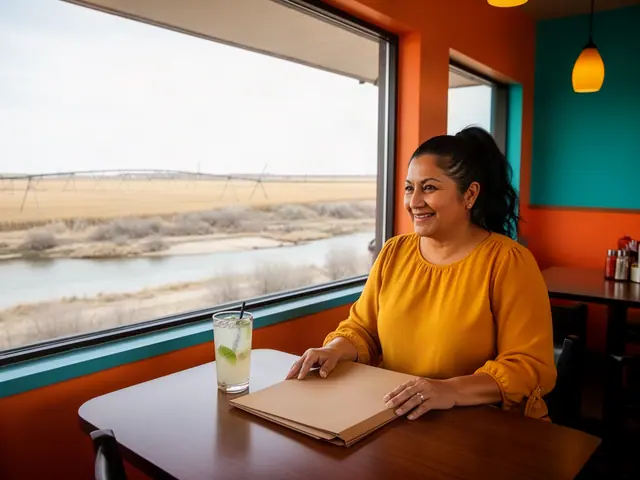 Smiling restaurant owner in a marigold blouse at a table with a closed folder, river and fields outside